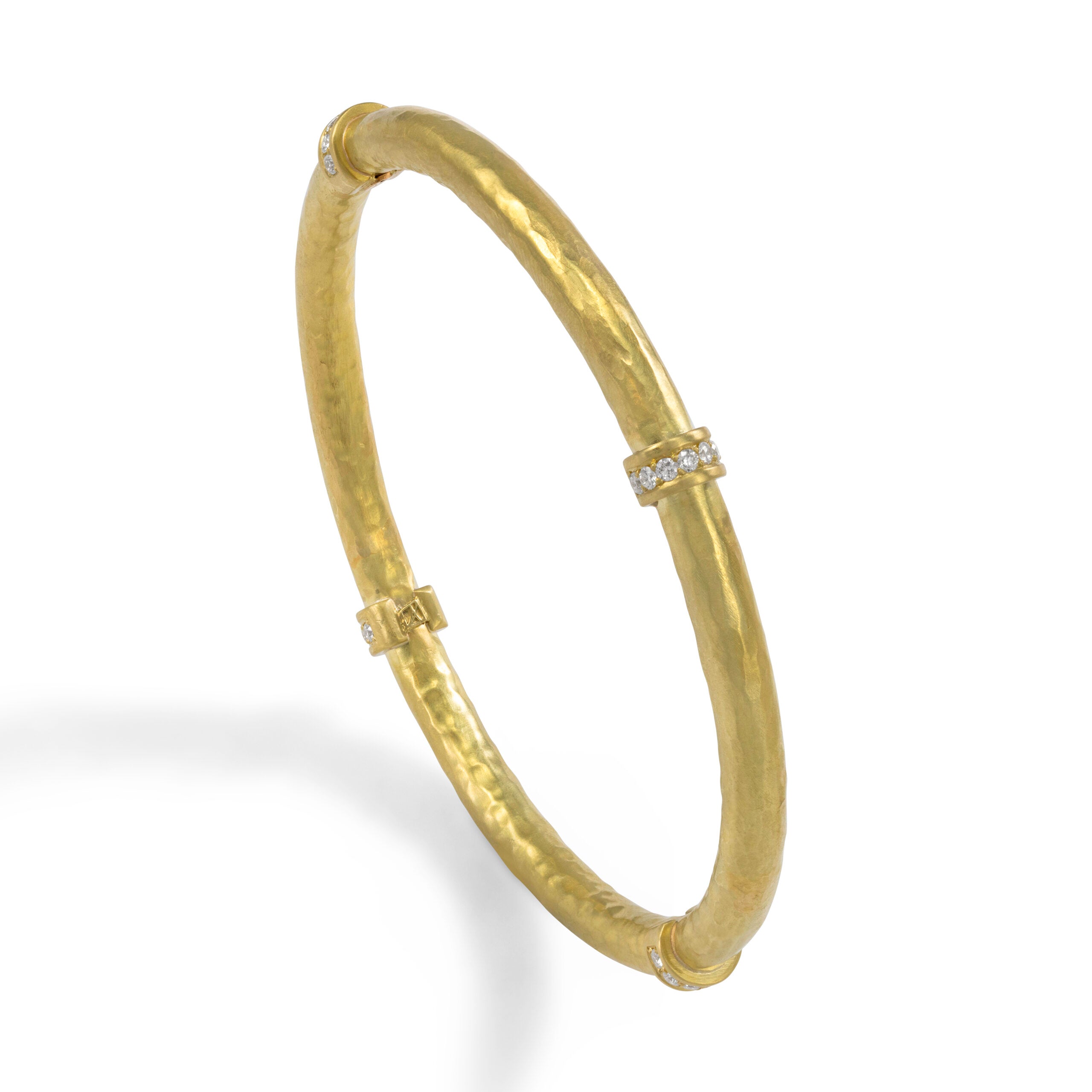18k Hammered Hollow-Constructed Bangle Bracelet with Diamonds