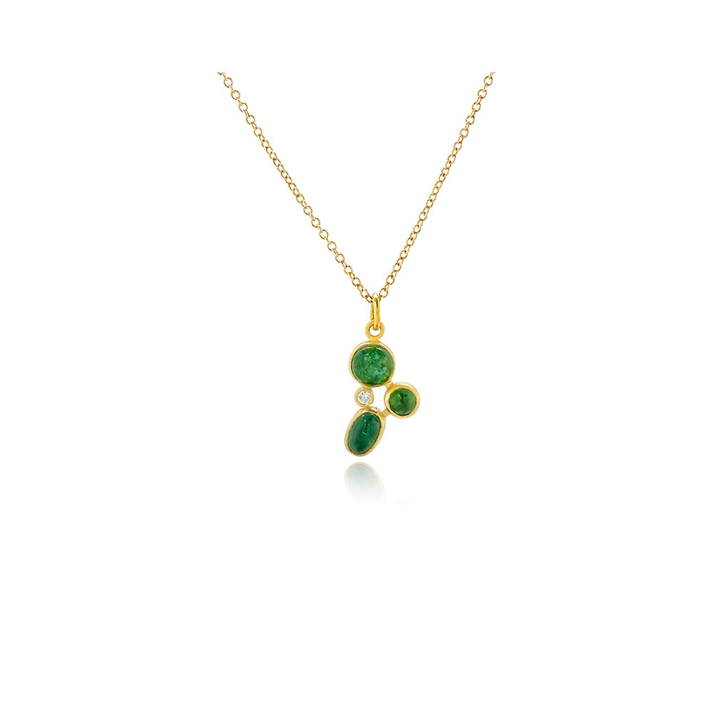 Three blue/green tourmalines, approximately 1.75 cttw, and a round diamond, .025 cts, in a "confetti" cluster with 18k yellow gold and 14k yellow gold behind stones. Pendant is on a 18'' long, 18k yellow gold chain and ranges from 5/8" -3/4" x 3/8" (16-19 x 10 mm) in size.