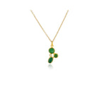 Three blue/green tourmalines, approximately 1.75 cttw, and a round diamond, .025 cts, in a "confetti" cluster with 18k yellow gold and 14k yellow gold behind stones. Pendant is on a 18'' long, 18k yellow gold chain and ranges from 5/8" -3/4" x 3/8" (16-19 x 10 mm) in size.