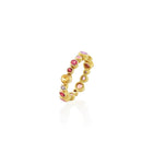 18k yellow gold ring with multi-color (pink and purple) sapphires, 1.75 cttw, and rubies, 0.06 cttw. Sapphires range in size from 1.9-3.75 mm and ring is a size 6.5. 