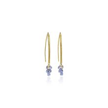 Navette earrings in 18k yellow gold with 10 Tanzanite briolette drops, 1.57cttw. Earrings are 1 1/2" long.