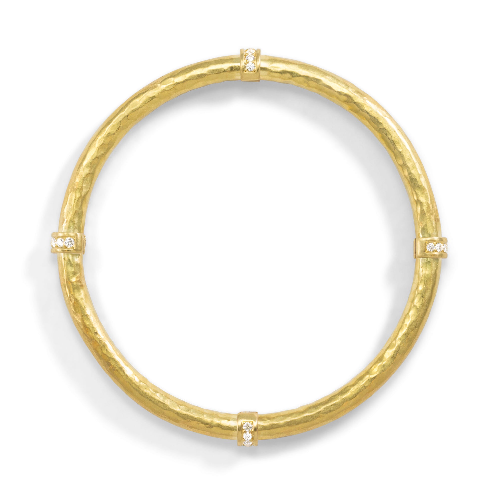 18k Hammered Hollow-Constructed Bangle Bracelet with Diamonds