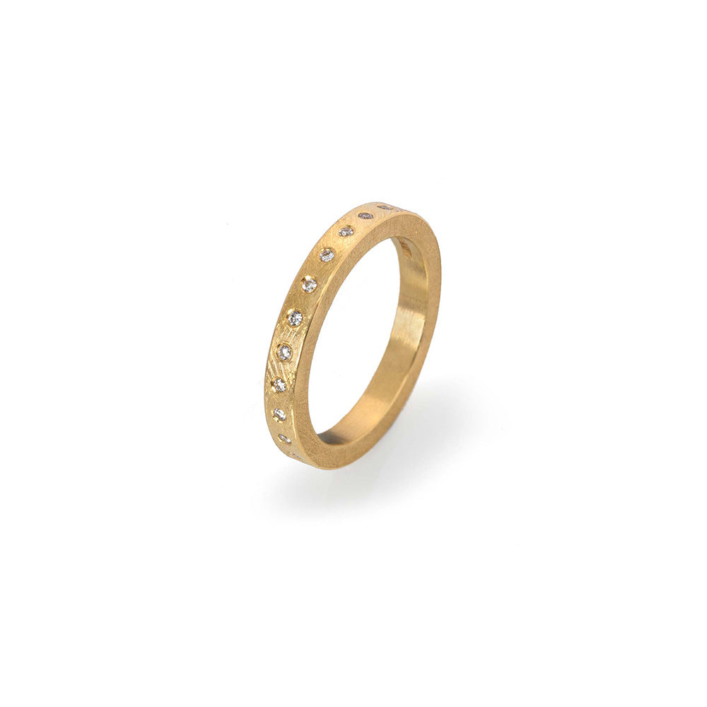 18k yellow gold square ring with 24 flush set diamonds, 0.19cttw. Ring is a size 6.5.