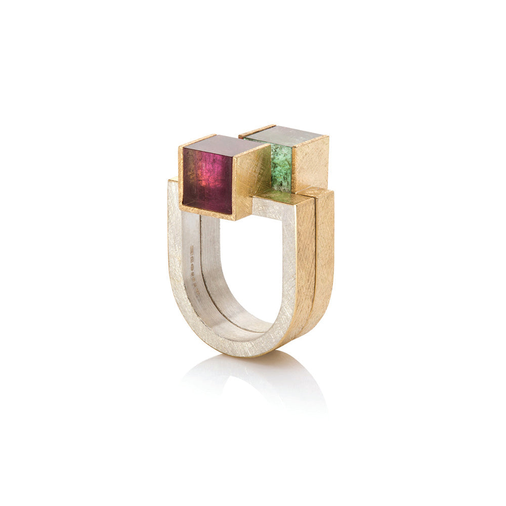 Offset Bi-Color Green and Peach Tourmaline Cube Ring