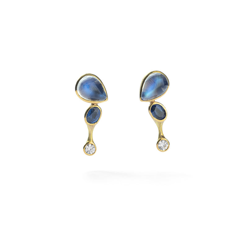 Blue Flash Moonstone, Sapphire and Diamond Earrings