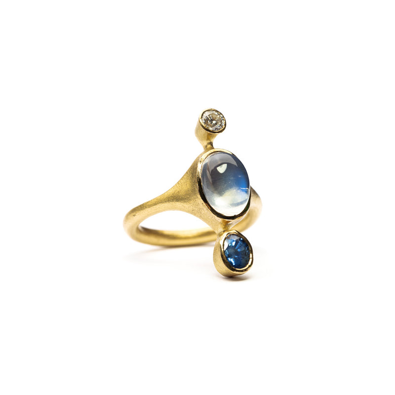 Blue Flash Moonstone, Sapphire and Diamond Ring