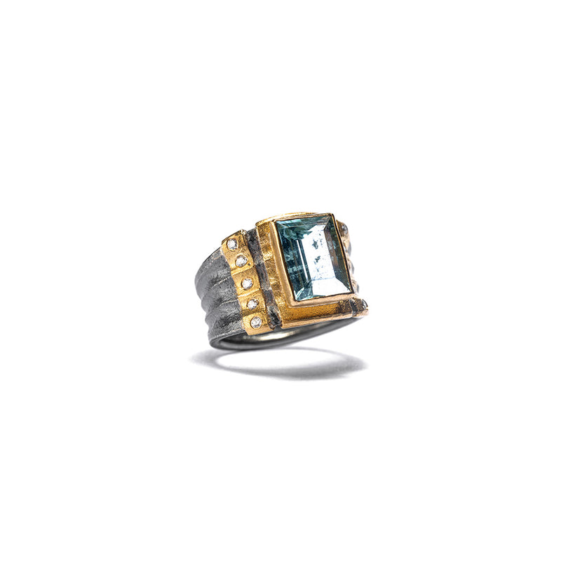Rectangular Aquamarine Ring in Oxidized Sterling and 22K Gold