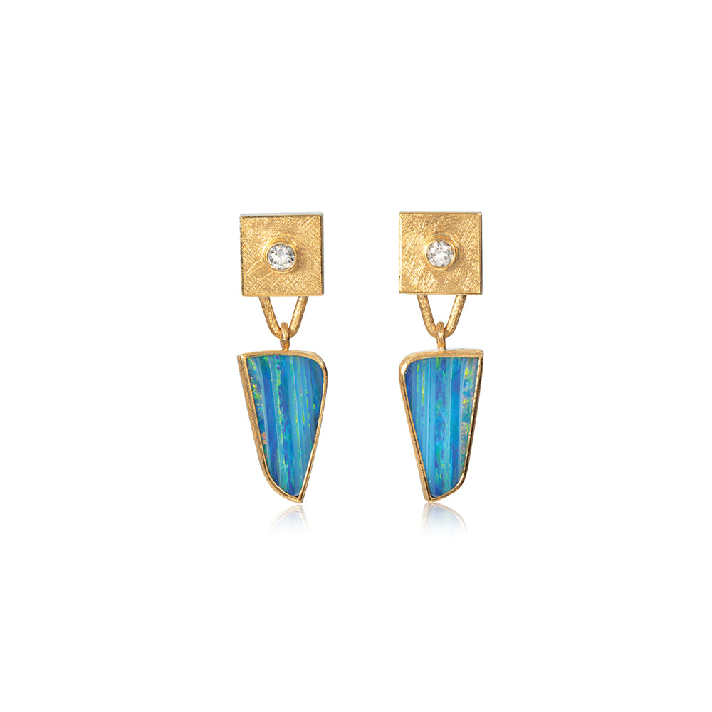 24k yellow gold and sterling silver earrings with round diamonds, 0.24cttw, on a square post-back tops with triangular Australian Boulder Opal drops (16x8mm).
