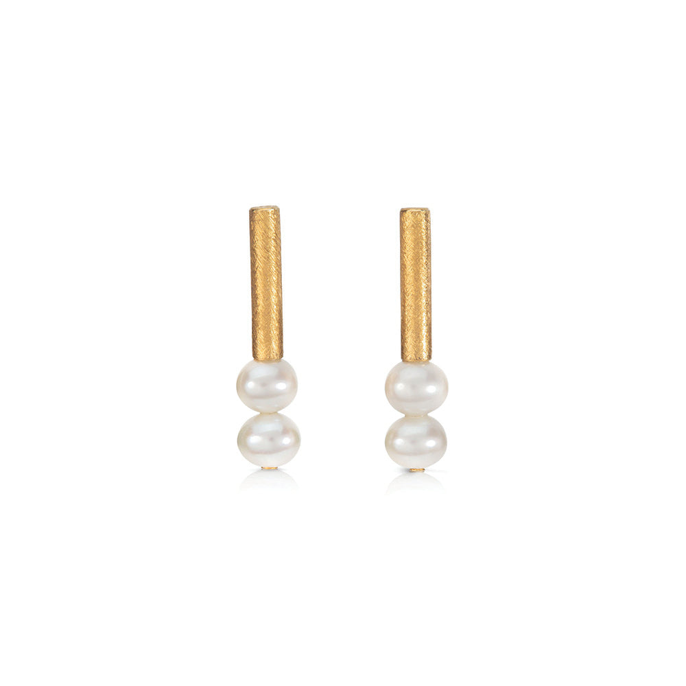 24k yellow gold and sterling silver vertical tube earrings with freshwater pearls, 5-6.5 mm diameter and post backs.