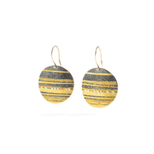 Oxidized sterling silver earrings, 18K & 24K gold, white (G) diamonds vs tot. 0.14 ct; diameter is 1", total length with French wires is 1 11/16".