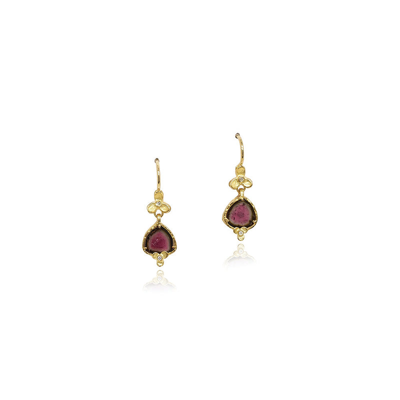Tiny Watermelon Tourmaline Slice Drop Earrings