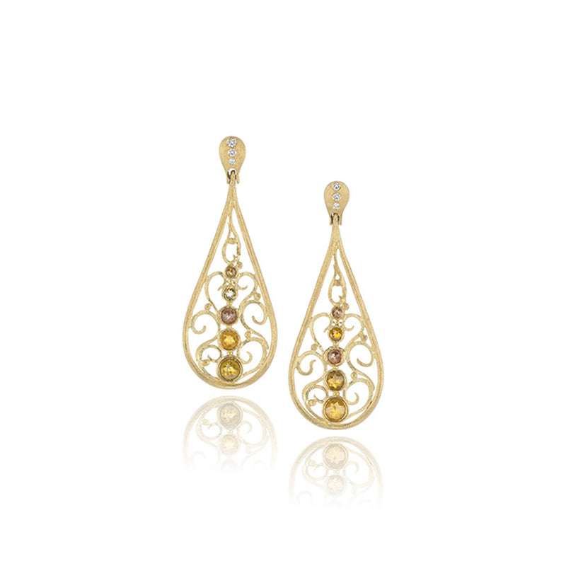 Long Tear Drop, Scroll Work Earrings in 18K and Diamonds