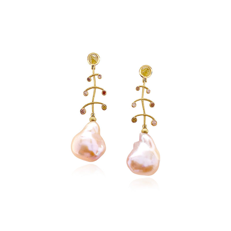 Baroque Pearl Earrings with Diamond Laurel Tops
