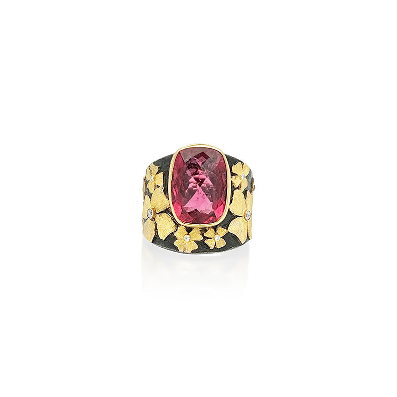 Rubellite Tourmaline Flower Ring with Diamonds
