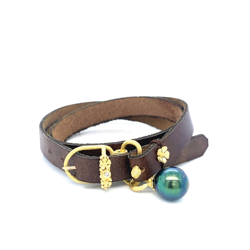 Leather Wrap Bracelet with Black Tahitian Pearl and Diamond