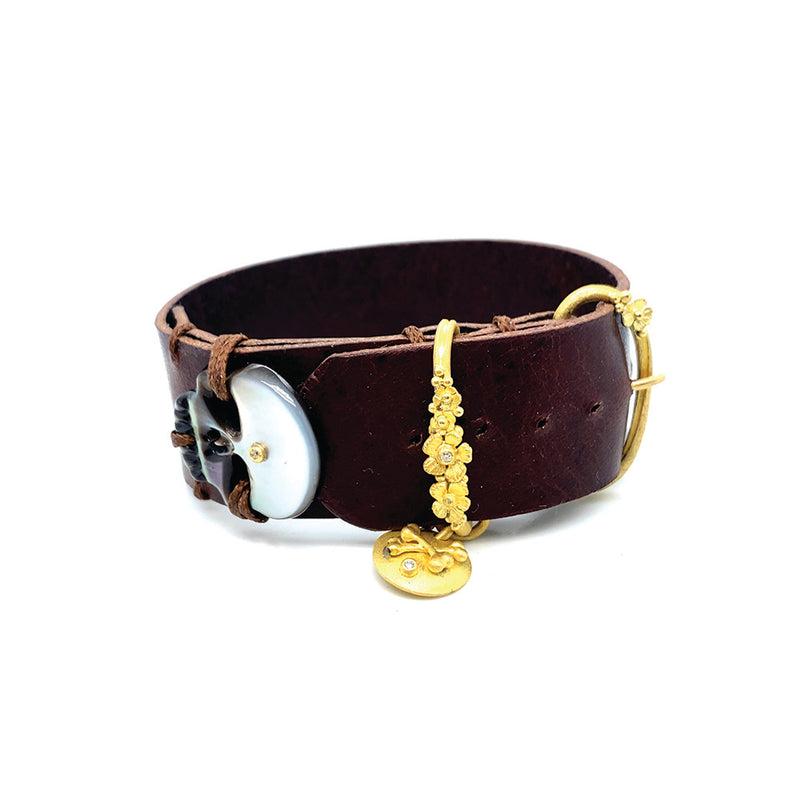 Leather Wrap Bracelet with  a Carved Mother of Pearl Skull and Diamonds