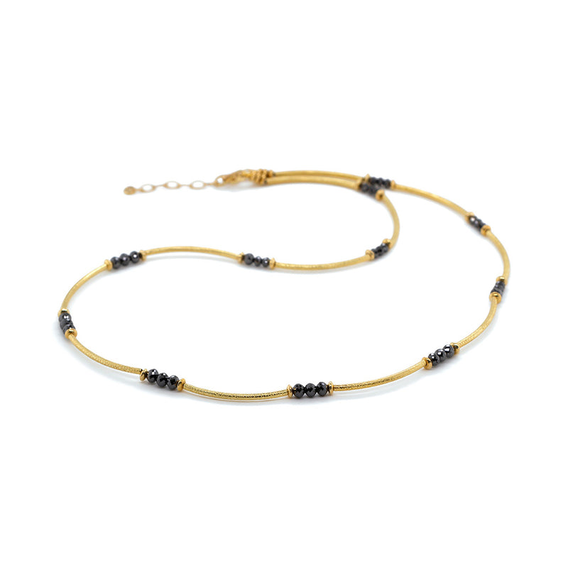 Black Diamond and 18K Gold Curved Tube Beaded Necklace