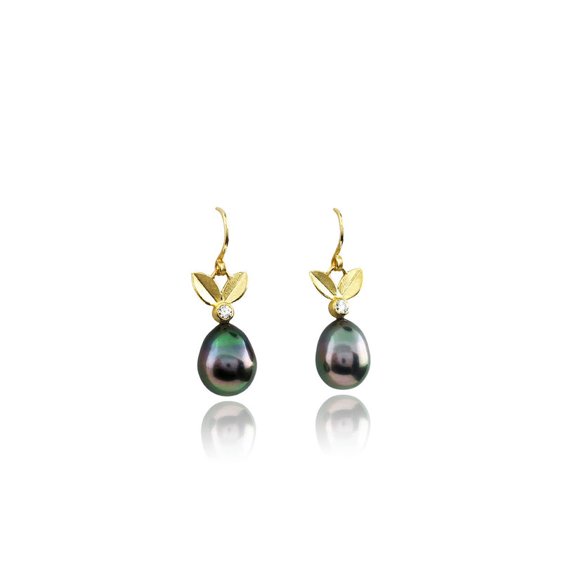 Leaf Top French Wire Earrings with Tahitian Pearls and Diamonds