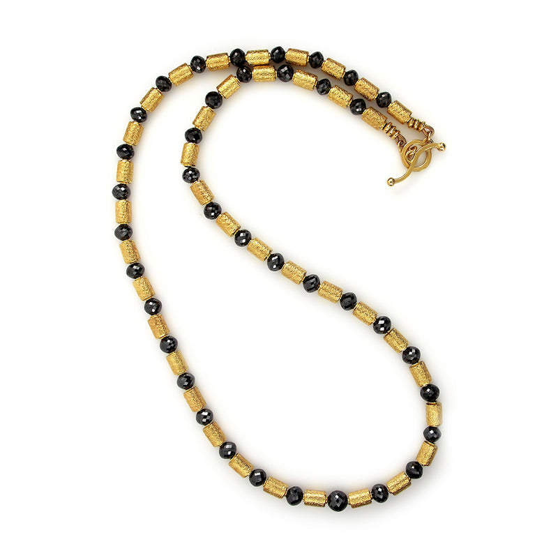 18K Barrel Bead Necklace with Black Diamonds