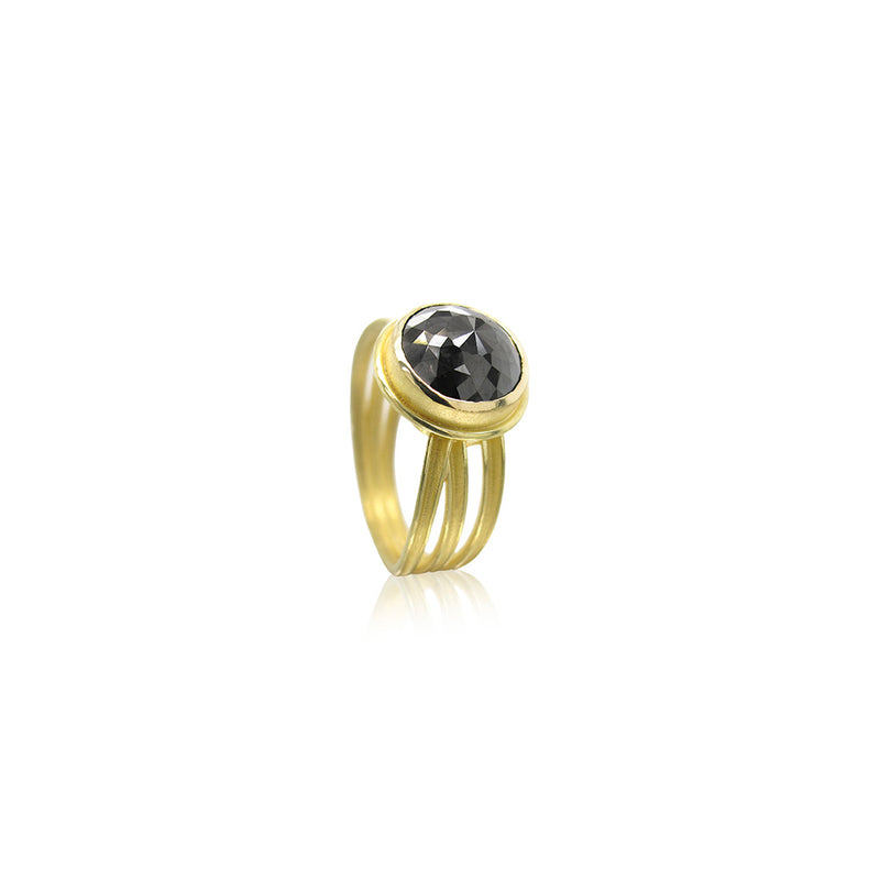 3 Blades, Rimmed Bezel Ring with Black Diamond