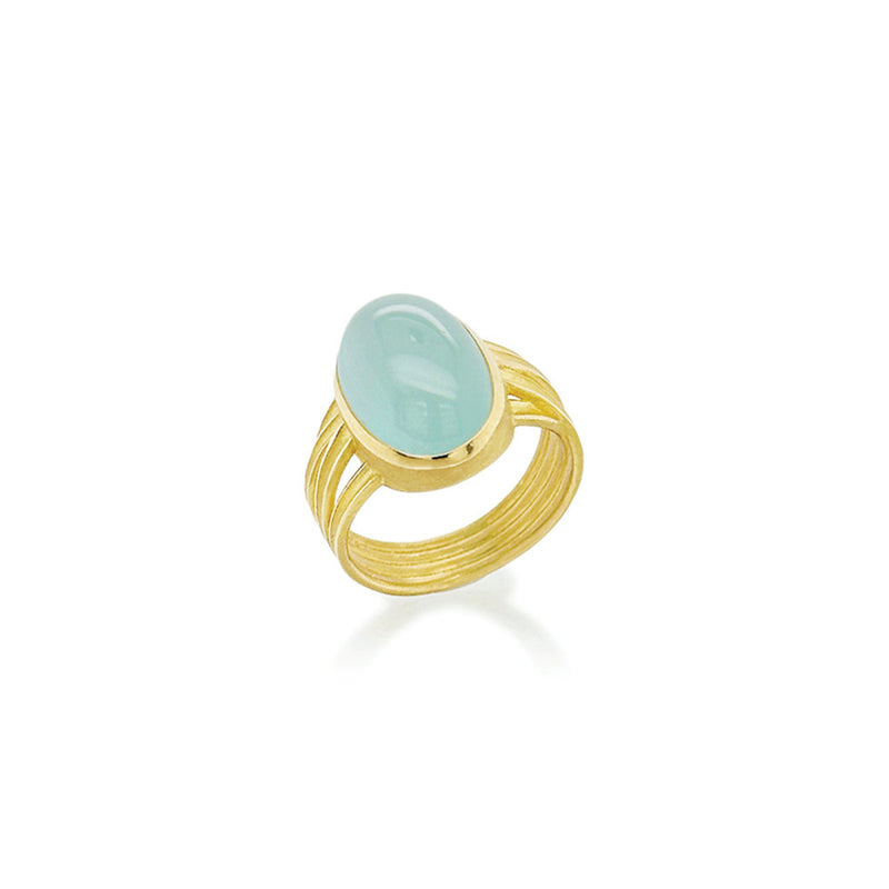 Large Oval, Silky Aquamarine Cabochon 4 Ribbon Ring