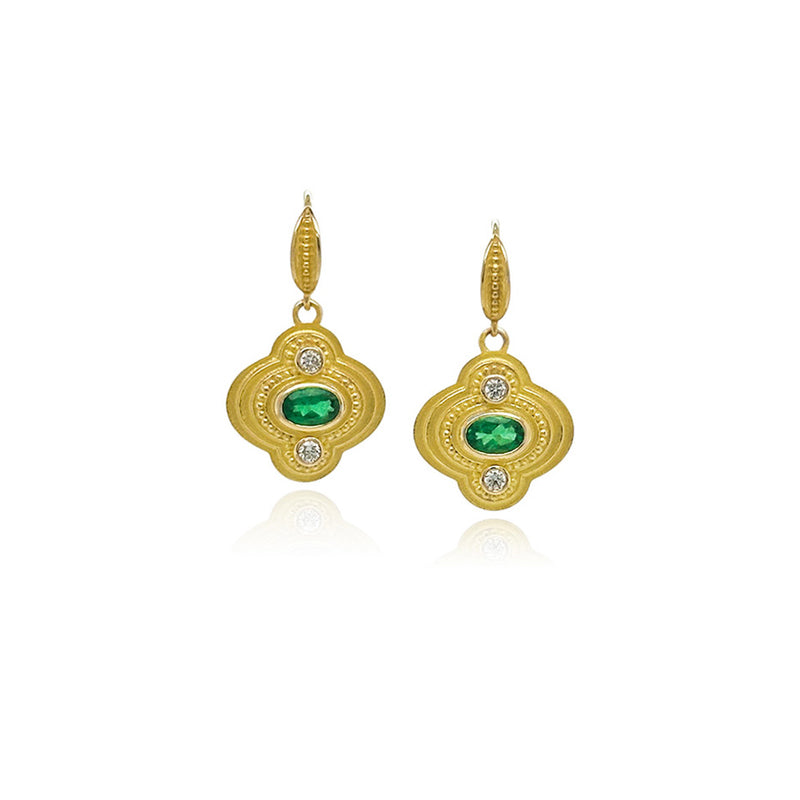 Stepped Quatrefoil Drop Earrings with Emeralds and Diamonds