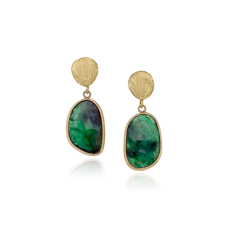Rose Cut Emerald Earrings with 18K Petal Tops