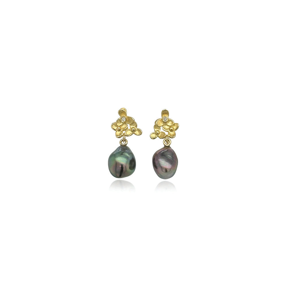 trillium cluster top earrings with Tahitian Keshi pearl drops
