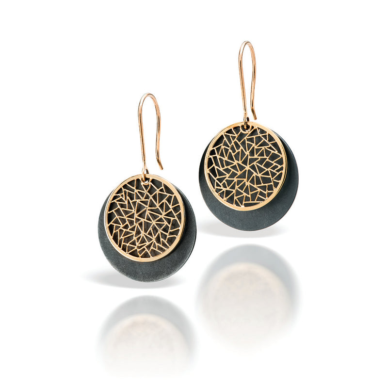 Gold Disc Earrings with Oxidized Sterling Silver