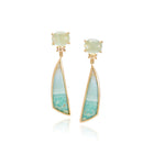 Prehnite, zircon, and petrified opalized wood stud back earrings with omega clips set in 18K yellow gold. Earrings are 2 1/2" long x 1/2" wide (6.3cm x 13mm)