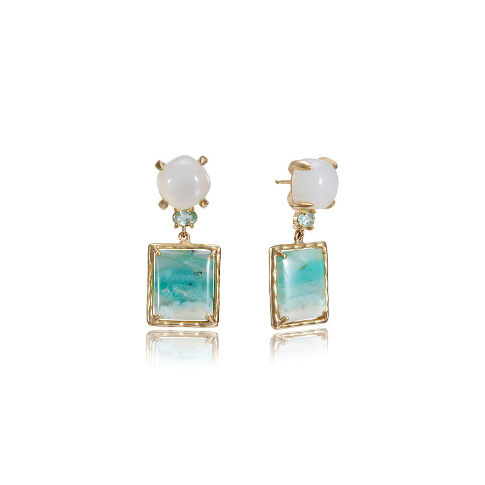 Moonstone, pale green tourmaline and petrified opalized wood stud back earrings set in 18k yellow gold. Earrings are 1 3/8" long x 1/2" wide (35 x 13 mm)