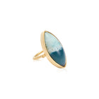 Petrified opalized wood ring set in 18K yellow gold. Ring measures 1 5/16" long x 5/8" wide (33 x 16mm) and is a size 6