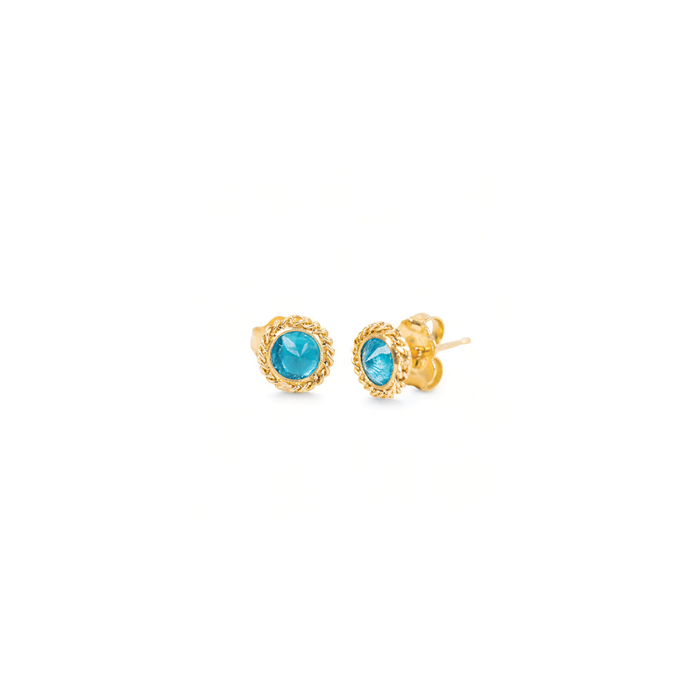 round apatite earrings with woven chain surround