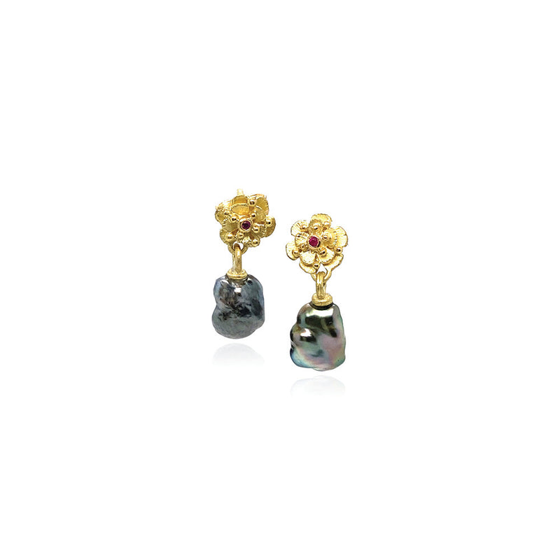 Ruby Flower Studs with Keshi Pearl Drop