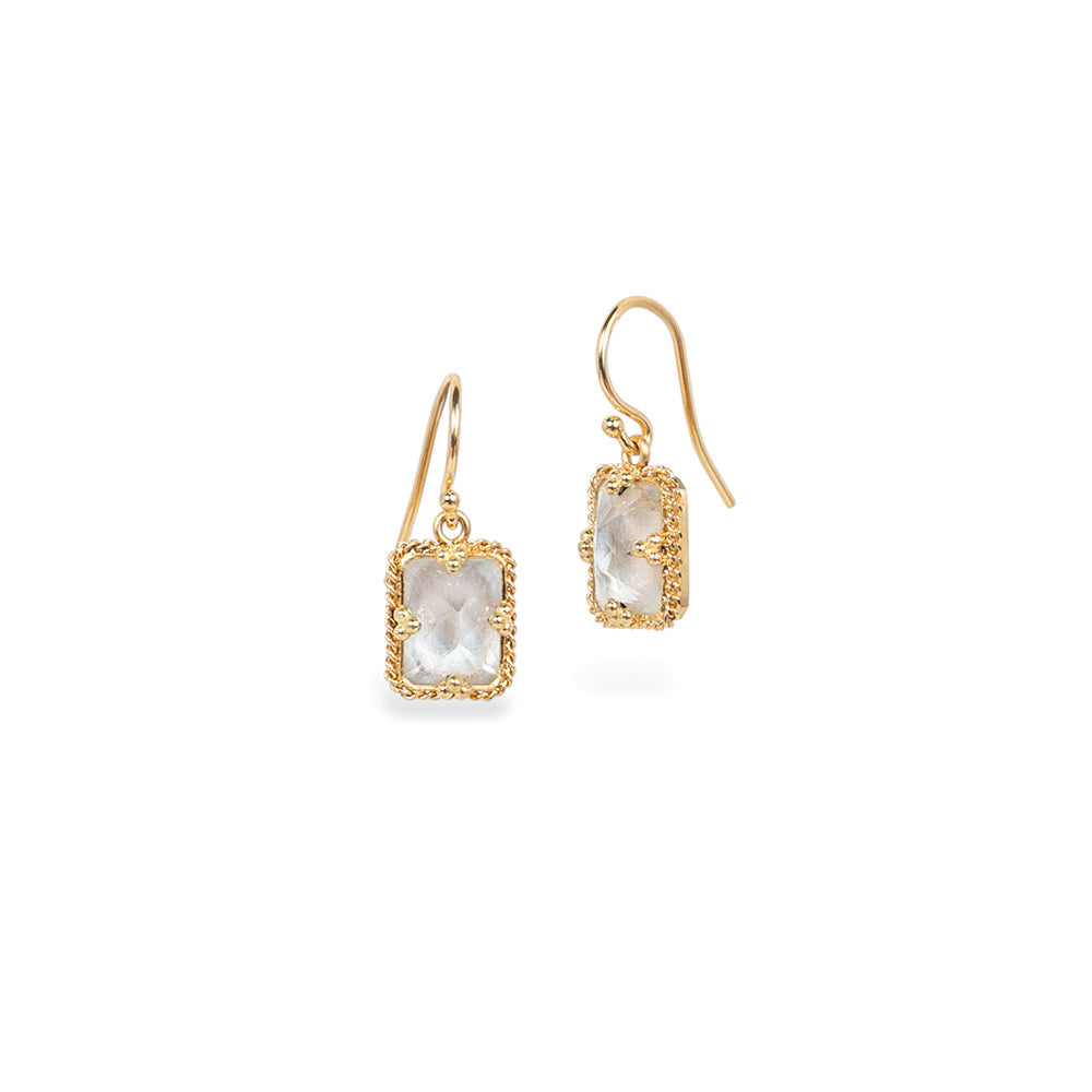 white topaz earrings with woven chain surround and granulated prongs
