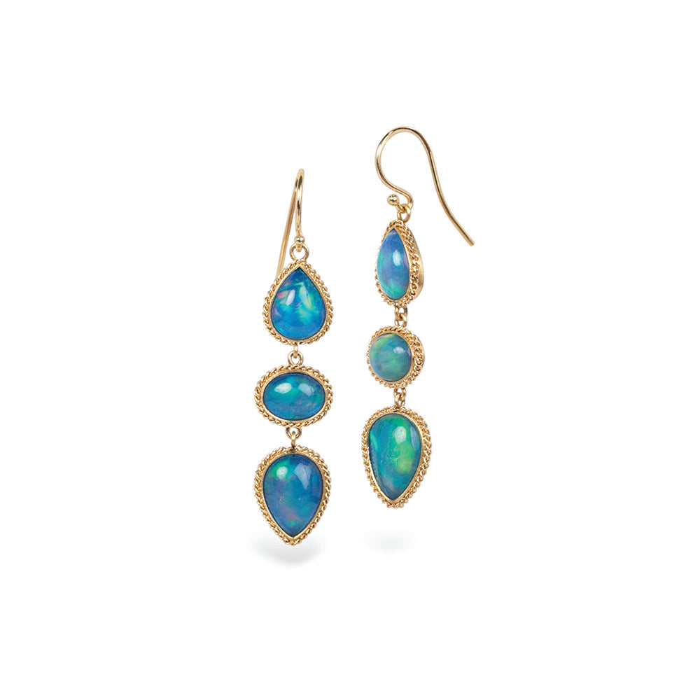 triple drop Ethiopian opal earrings with woven chain surround and French wires.