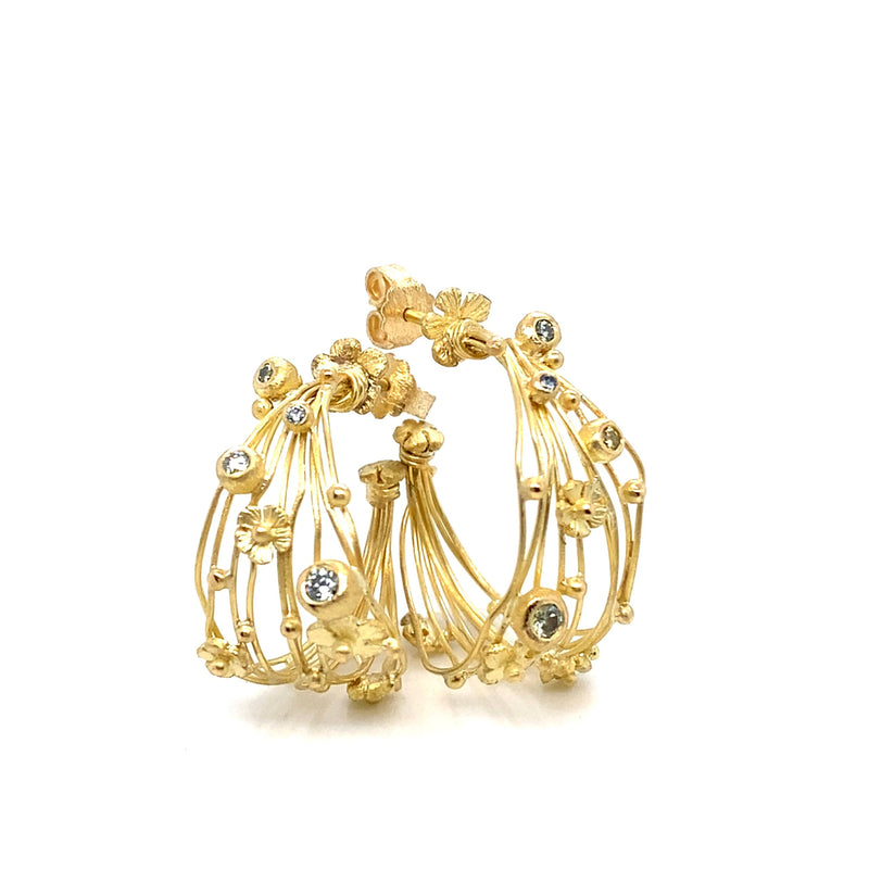 "Basket" Hoop Earrings in 18K Yellow Gold and Colored Diamonds