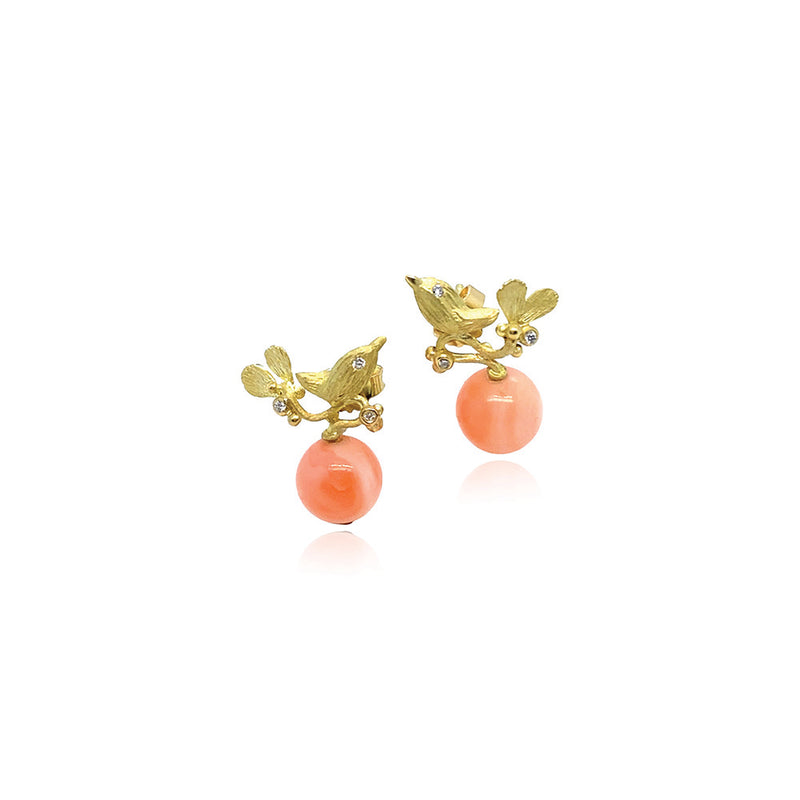 18K Yellow Gold Birdie Earrings with Coral Spheres