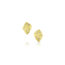 18k yellow gold kite-shaped earrings with engraved leaves and diamonds, .05cttw, on post. Earrings are 19mm long x 15mm wide.