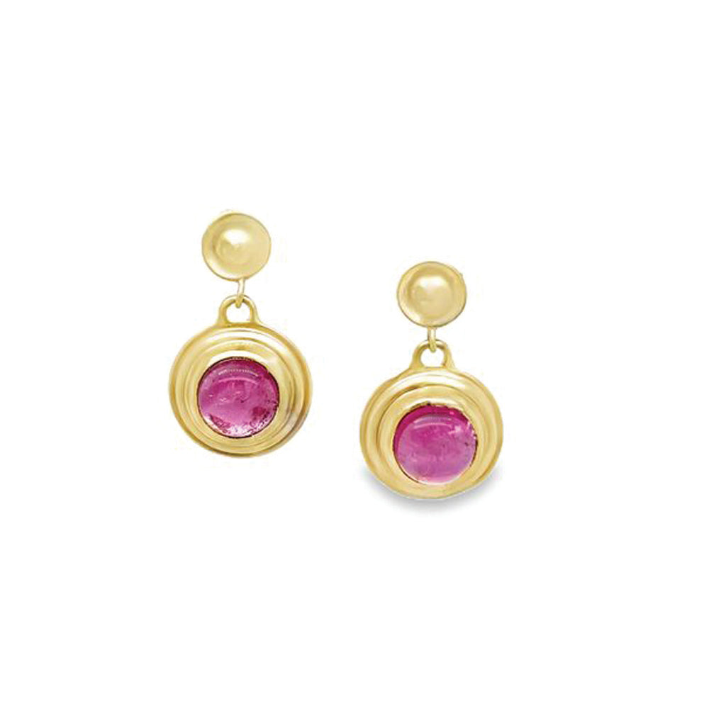 Saturn earrings with pink tourmaline in 14k green gold