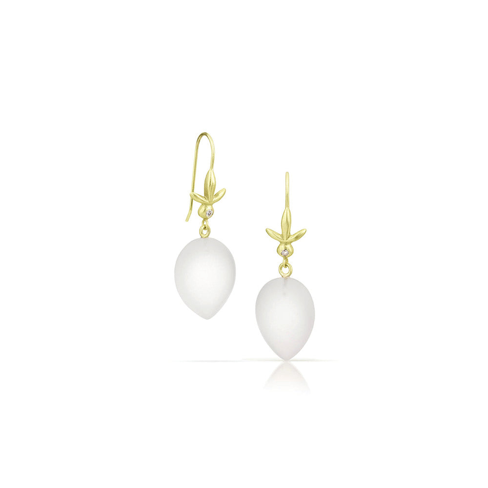 Petite fleur earrings with frosted quartz lotus drops and diamonds in 14k green gold