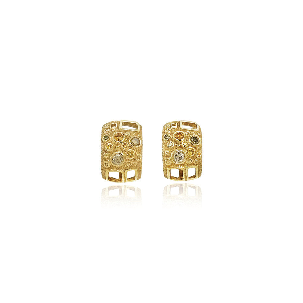 18k yellow gold multicolored diamond "Library of Curiousity" earrings with squared corners, post back and omega clips. Earrings are 10mm wide x 15 mm long.
