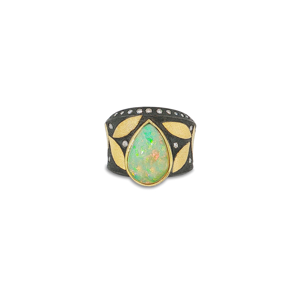 Leaf Ring with Pear-Shaped Ethiopian Opal