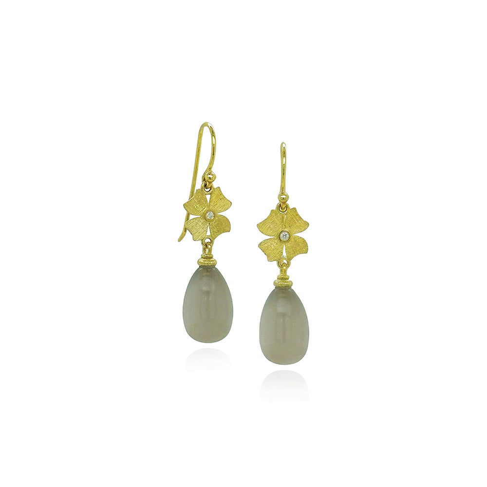Grey moonstone drop earrings with 18k flower tops and a center diamond, 0.02 cttw. Earrings are 8 x 12mm ( 1 3/8" long x 5/16" wide) with French wires.
