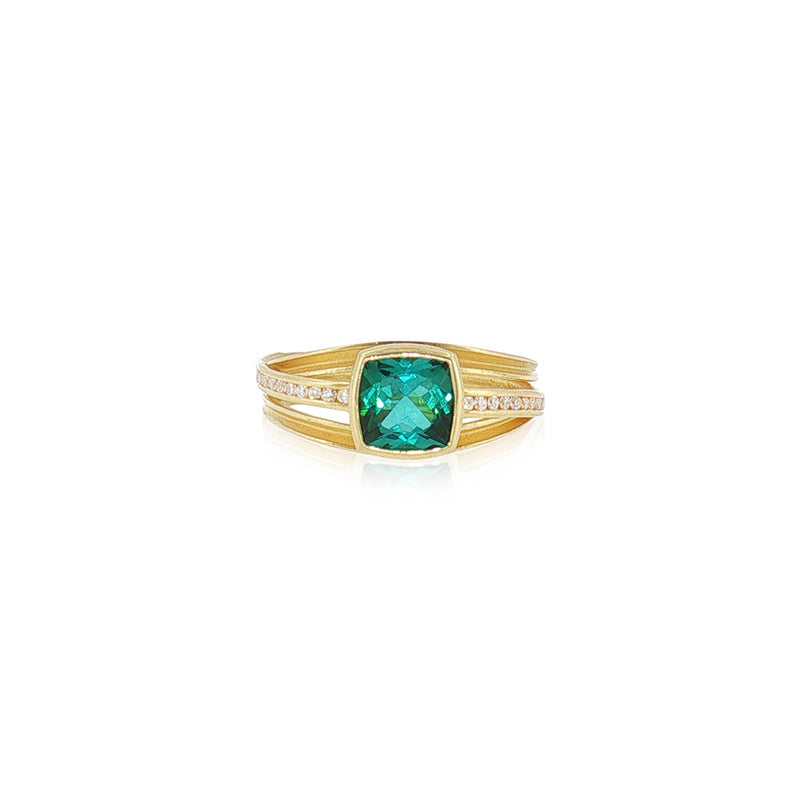 Three Ribbon Ring with a Cushion Cut Mint Green Tourmaline and Channel-Set Diamonds