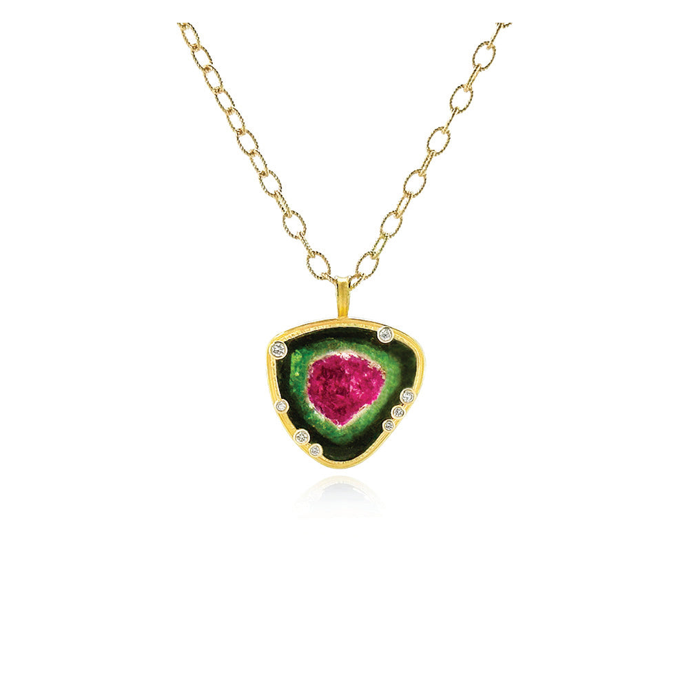 Watermelon tourmaline pendant, 13.62 cts, set in 18k yellow gold with eight scattered diamonds on bezel, 0.12 cttw. Pendant is 1" long x 7/8" wide (26 x 22mm) on a 18k yellow gold 17" long twisted wire cable chain.