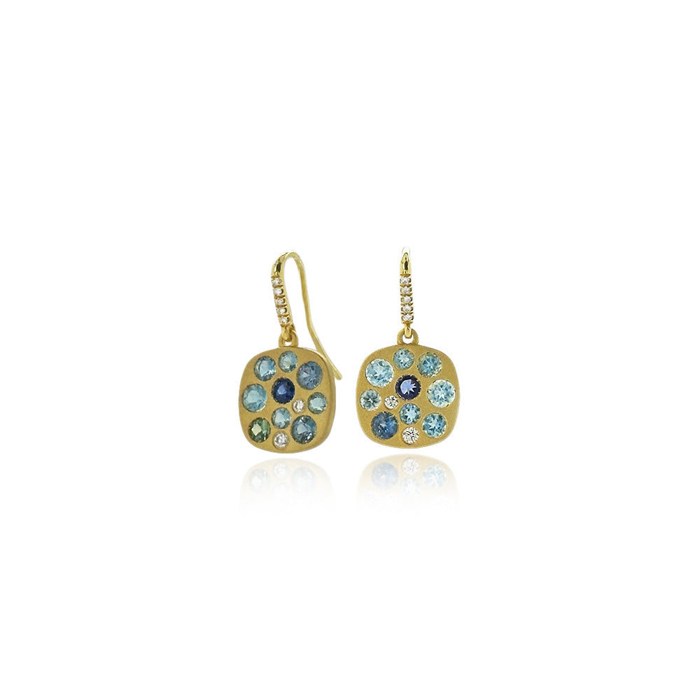 "Giselle" earrings in 18k yellow gold with spinels, .48cttw., sapphires, 1.02cttw., and aquamarines, .72cttw., with pavé-set diamond French wires, 0.07cttw.