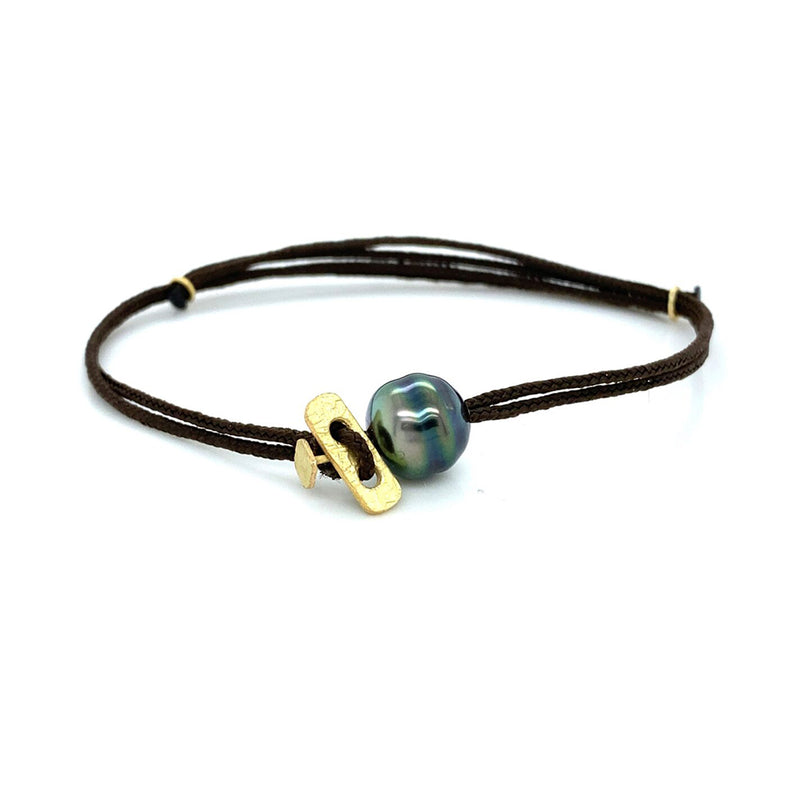 18K Yellow Gold, Nylon and Tahitian Pearl Adjustable Bracelet