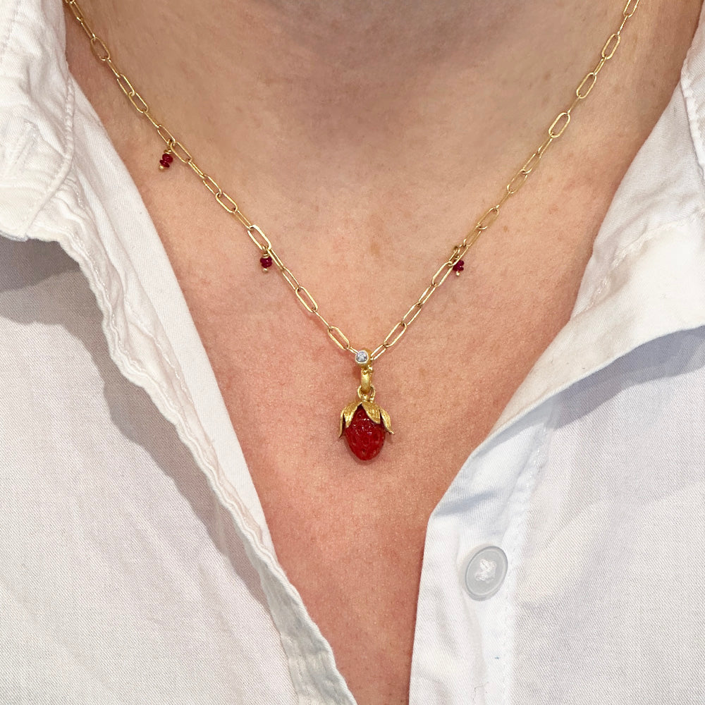 Tiny Carved Coral Strawberry Pendant