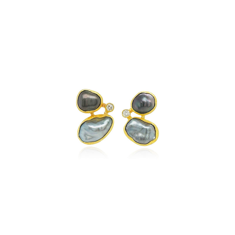 Tahitian Keshi Pearl and Diamond Stud Earrings